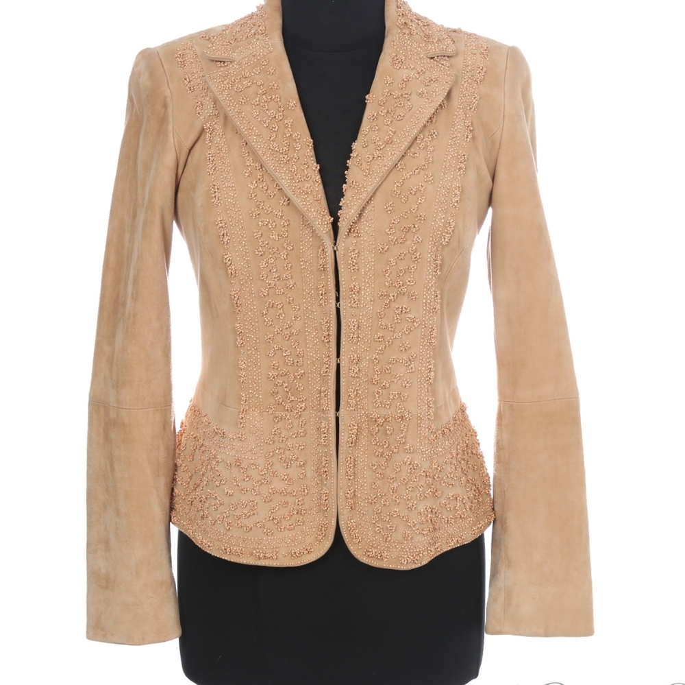 DANA BUCHMAN CAMEL TAN FULL SUEDE LEATHER JACKET WITH BEADWORK EMBROIDERY 2